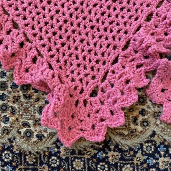 Handmade Crochet Baby Blanket Pink & White 35” X 33” & Shoulder Crochet Burp Pad - Picture 5 of 6